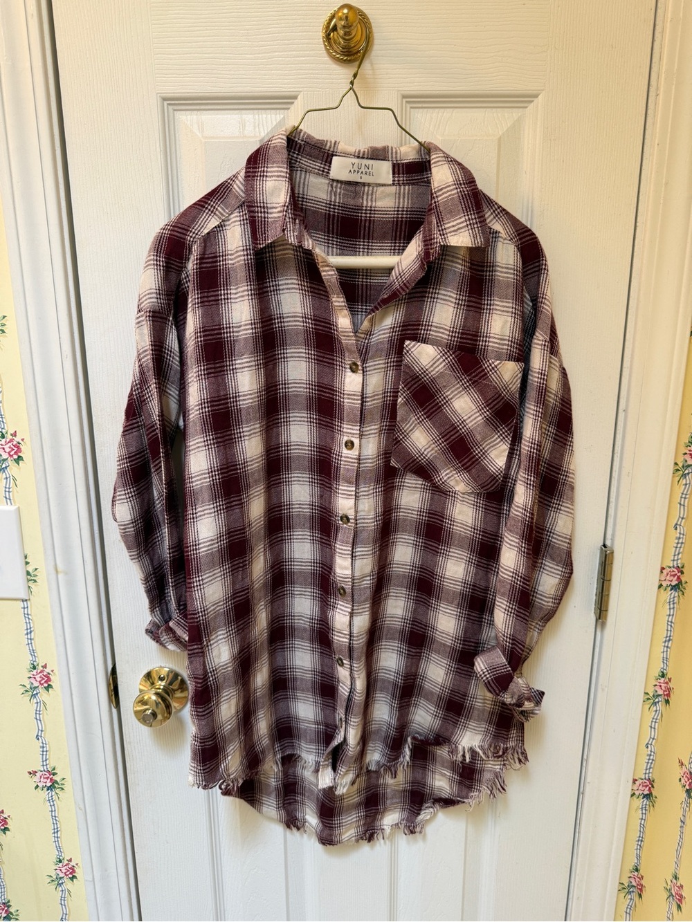 Yuni Apparel Women’s Burgundy Plaid Button-Down Shirt